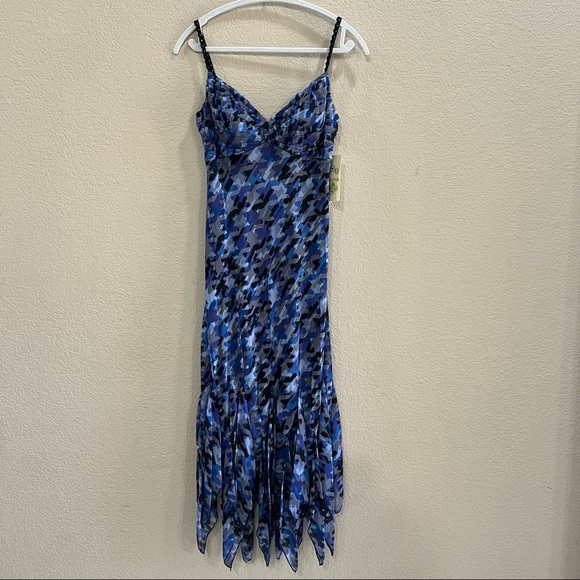NWT SANGRIA Lined 100% Silk Dress Black Blue Geometric With Side Zip Sz 4 Boho - Picture 1 of 14